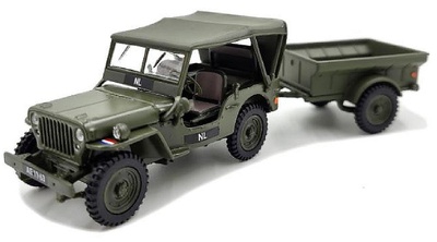 Willys M38A1 NEKAF jeep, with soft top and trailer, Netherlands, 1955, 1:43, Cararama