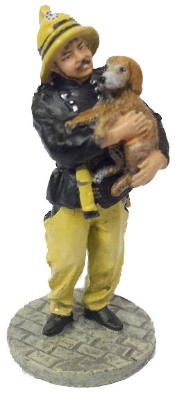 Bombero con traje ignífugo con perro rescatado, Londres, 1987, 1:30, Del Prado 
