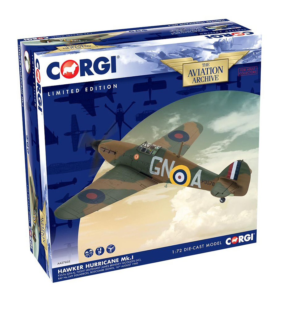 Hawker Hurricane Mk.I, P3576 (GN-A), Teniente James Brindley Nicolson (VC), RAF No.249 Squadron, Agosto, 1940, 1:72, Corgi 