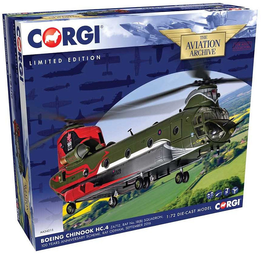 Helicóptero Boeing Chinook HC.4 ZA712, RAF No.18 (B) Squadron, 100 Años de la RAF, 1:72, Corgi 