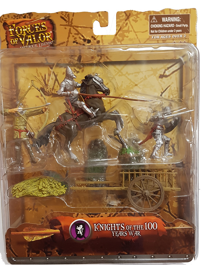 Soldado medieval a caballo, soldado medieval a pie y arquero más carro, 1:32, Forces of Valor 