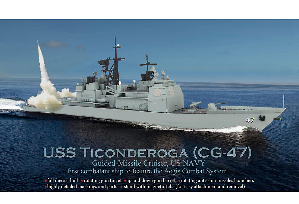 Crucero USS Ticonderoga (CG-47), Crucero de Misiles Guiados, US Navy, años 80, 1:700, Hobby Master 