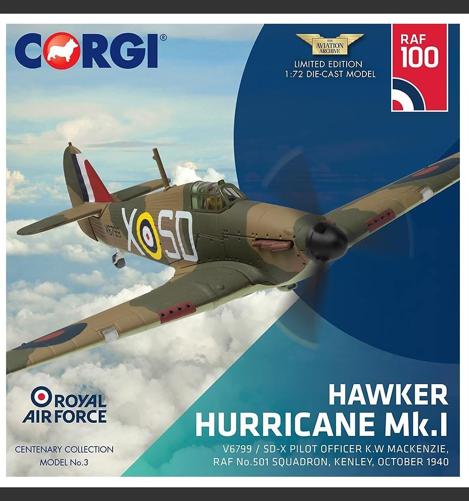 Hawker Hurricane Mk.I, V6799 / SD-X, Piloto K.W Mackenzie, RAF No.501 Squadron, Octubre, 1940, 1:72, Corgi 