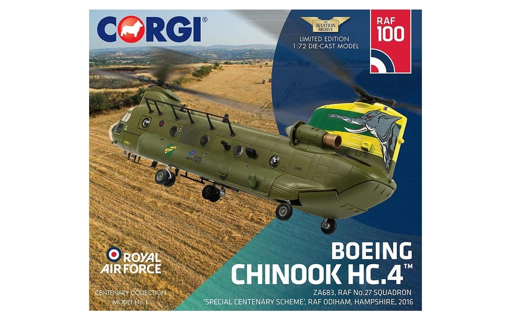 Helicóptero Boeing Chinook HC.4 ZA683 RAF No.27 Squadron, Special Centenary Scheme, 100 Años de la RAF, 1:72, Corgi 