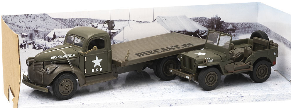 Army NewRay Toys for sale online 1941 Chevy Flatbed Jeep Willys Diecast 1 32 WWII Military U.s 